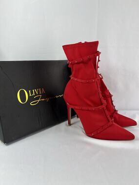 Olivia Jaymes Baylee-MR Red Lycra Studded High Heel Sock Booties Size 9